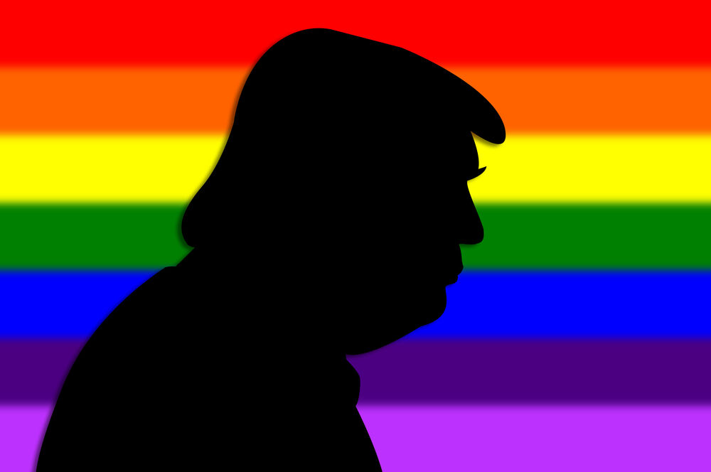 An illustration of a portrait silhouette of Donald Trump, the 45th President of USA, in front of a rainbow flag