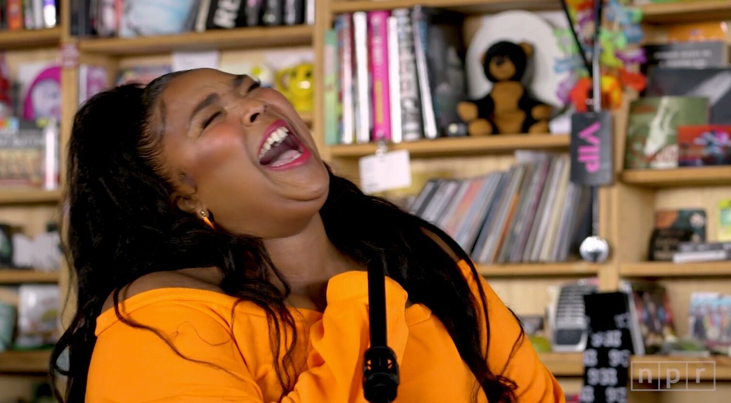 Lizzo belts out a tune during an appearance on NPR's "Tiny Desk" series