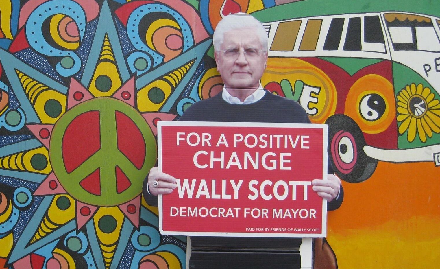A cardboard cutout of Reading, PA mayor Wally Scott promises "positive change"