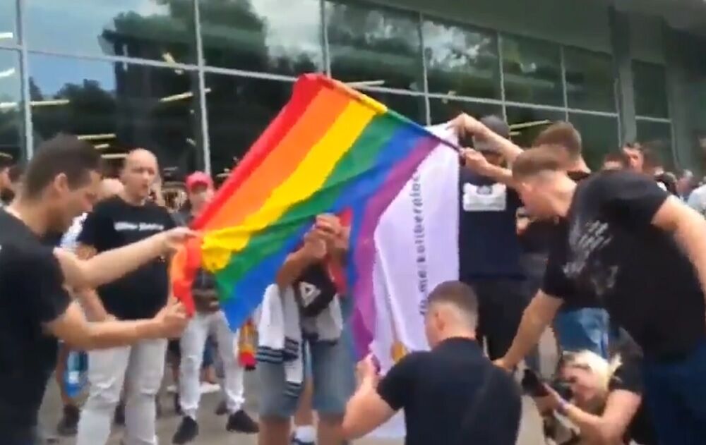 Protestors in Bialystok, Poland burned a rainbow flag during the city's first Pride.