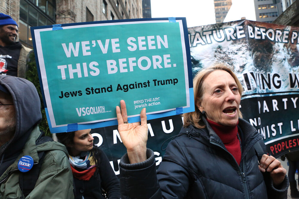 April 14, 2016: Jewish women hold signs and chant during an anti-Trump rally. Hundreds of demonstrators protested presidential candidate Donald Trump near Penn Station.