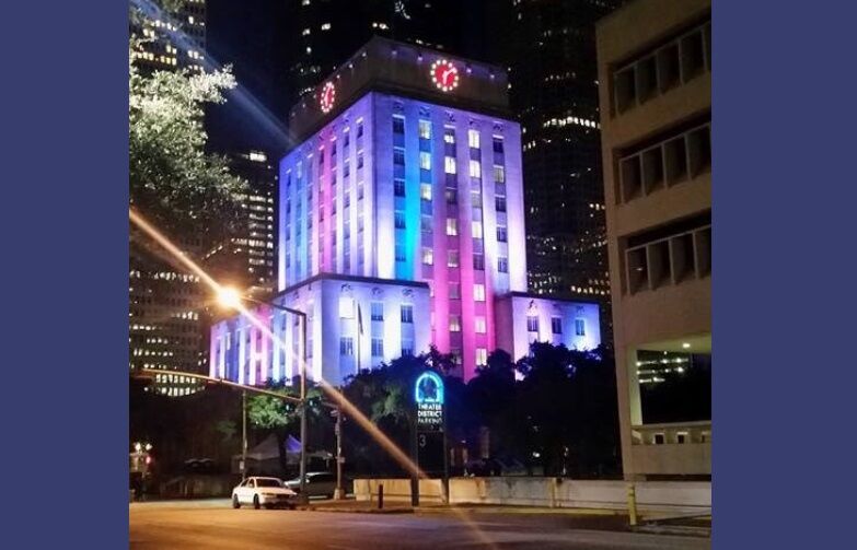 Houston's city hall in trans flag colors