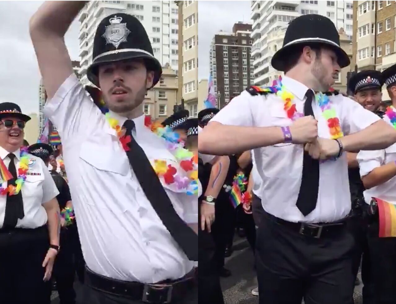 An unidentified police officer dances during the Brighton UK pride parade