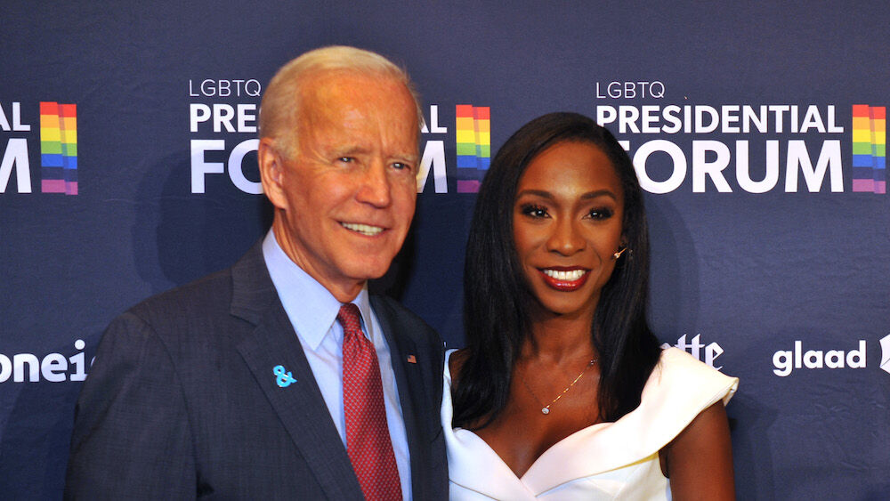 Former Vice President Joe Biden with trans actress Angelica Ross at the GLAAD Presidential Candidate Forum on LGBTQ Issues.