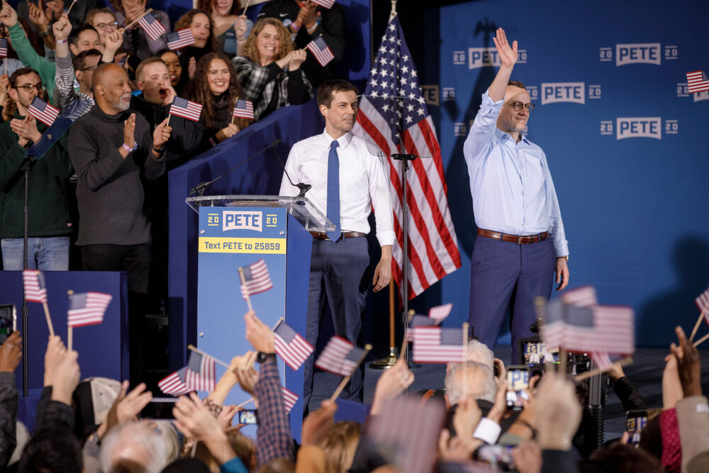 South Bend, Indiana, Mayor Pete Buttigieg and his husband, Chasten, attend a rally to announce Buttigieg's 2020 Democratic presidential candidacy on April 14, 2019.
