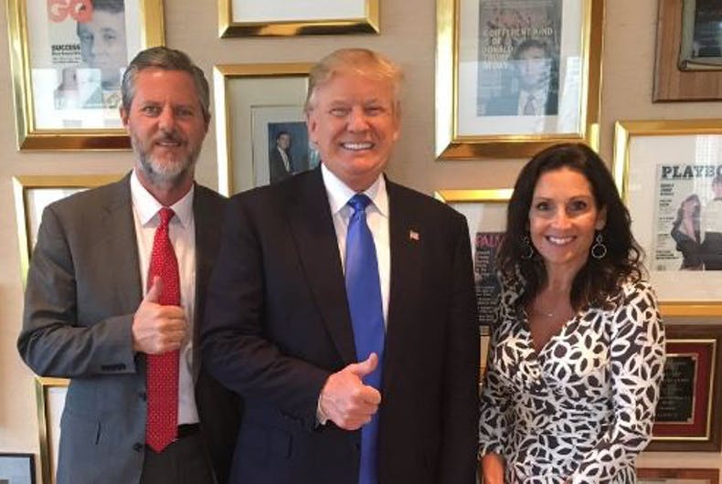 Jerry Falwell Jr. posing with Donald Trump, next to a framed copy of Playboy.