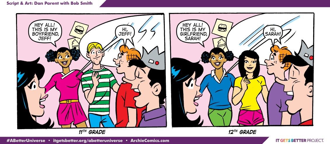 A classmate reveals her 11th grade boyfriend and 12th grace girlfriend in this special National Coming Out Day strip from Archie comic 