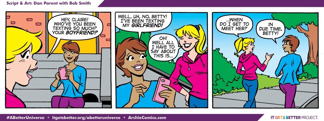 Claire reveals she has a girlfriend to Betty and Betty asks when she can meet her in this special National Coming Out Day strip from Archie comic 