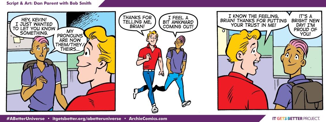 Brian reveals that they now use gender-neutral pronouns and admits that coming out feels awkward, only to get support from their pal in this special National Coming Out Day strip from Archie comic 