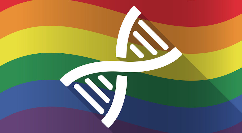 a DNA symbol sits on top of a pride flag