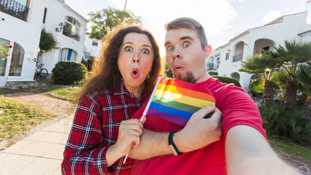 Young man and woman surprised when the first time came parade