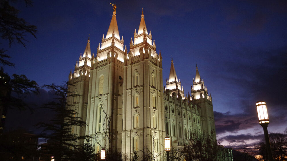LDS Temple at Salt Lake City, Utah illuminated at dusk