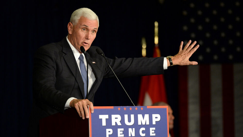 Republican vice presidential candidate, Indiana Governor Mike Pence speaks to supporters at a rally in Chesterfield, Missouri