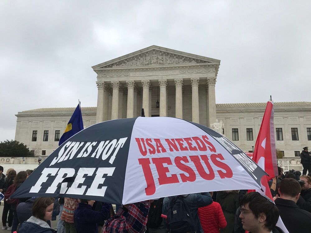 Umbrella with religious messages being displayed at the Supreme Court of the United States, December 5, 2017 in support of religious liberties during the Cake Shop case.