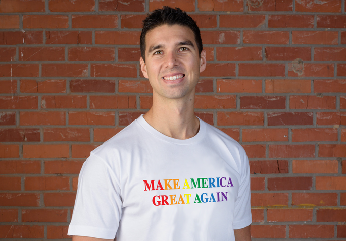 The Trump Pride T-shirt on a model with a weird smile, like he knows he's going to be famous in LGBTQ media for this