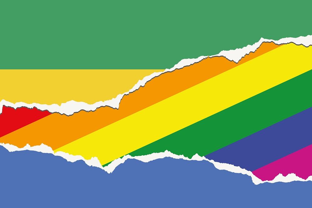 Gabon's flag torn to show the rainbow flag