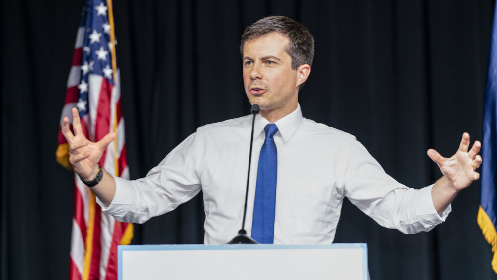 Pete Buttigieg speaks to a crowd of supporters.