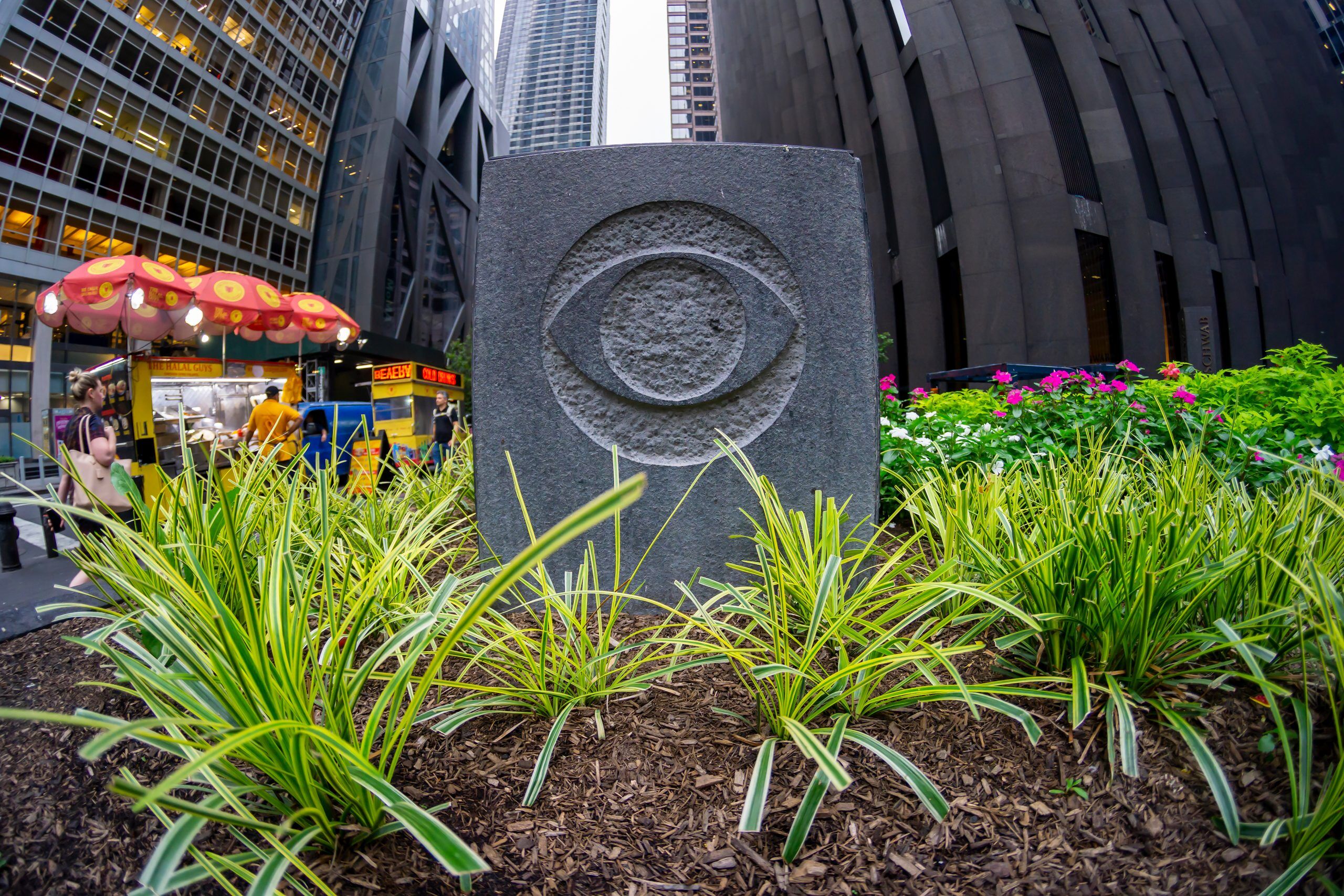 New York NY - A decorative element with the CBS logo outside of Black Rock, the CBS headquarters in New York, August 13, 2019.