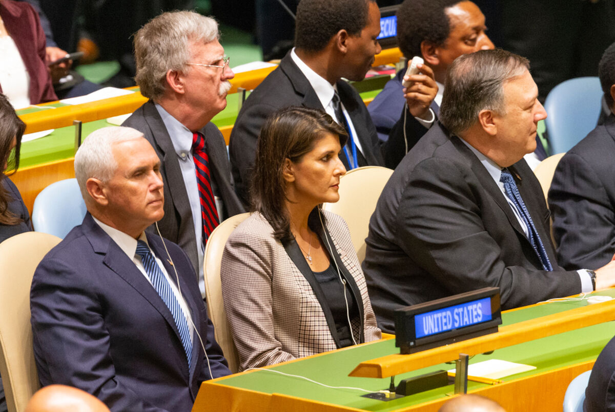 New York, NY - September 25, 2018: John Bolton, Mike Pence, Nikki Haley, Mike Pompeo attend 73rd UNGA session at United Nations Headquarters