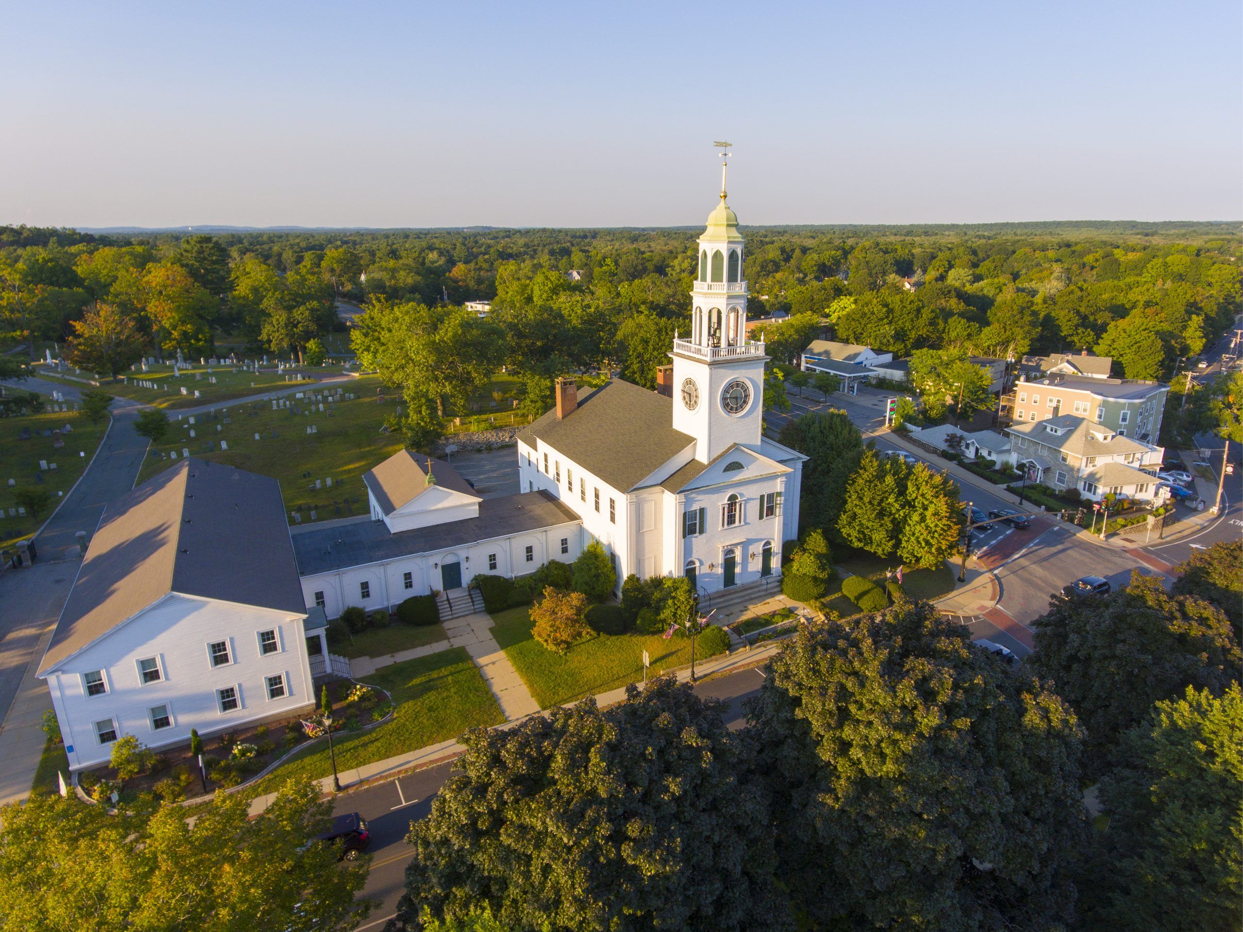 Aerial view of Old South United Methodist Church in the historic town center of Reading, MA
