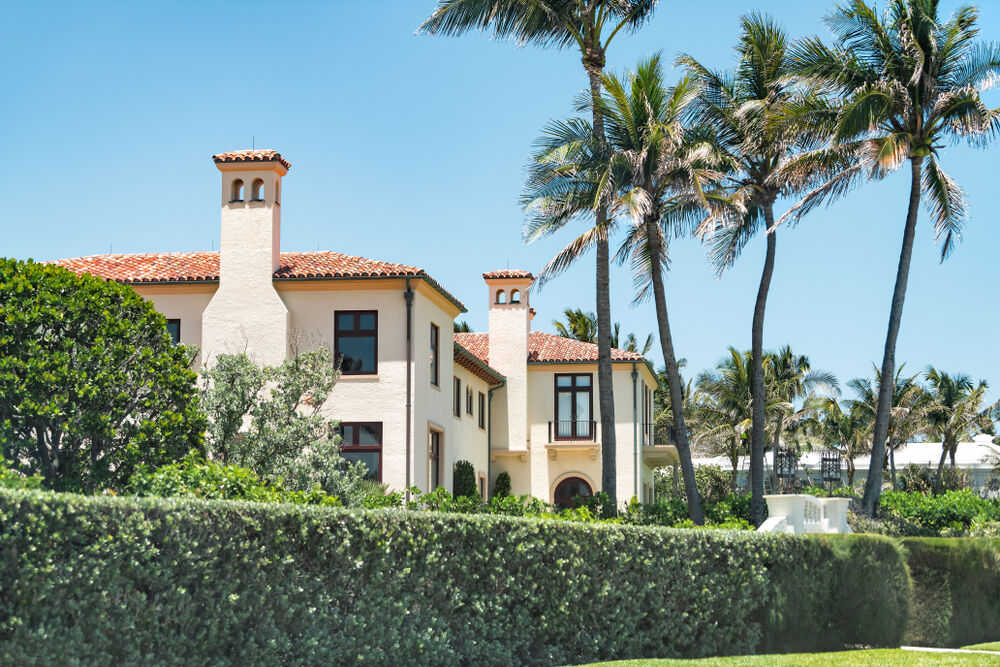 Palm Beach, USA - May 9, 2018: Mar-a-lago, presidential residence of Donald J Trump, American president in Florida with resort red tiled building with tiles