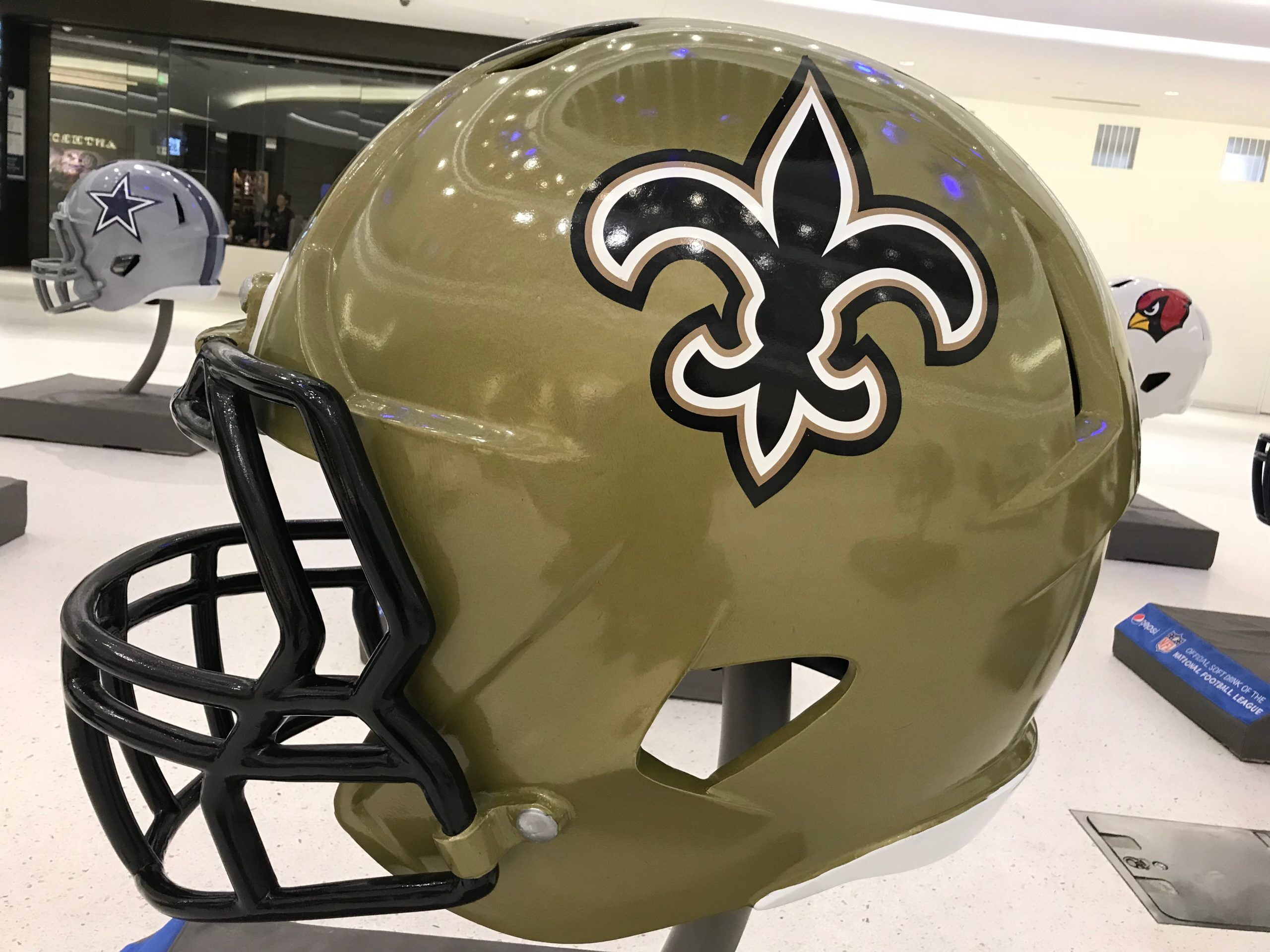 Minneapolis, MN/USA: January 6, 2018. New Orleans Saints Jumbo Helmet set up for Super Bowl LII.