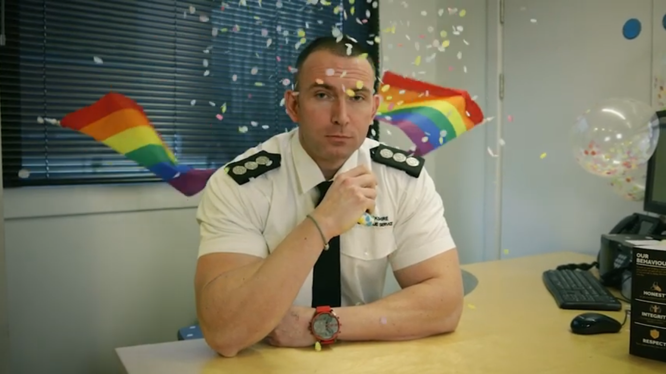 A South Yorkshire, UK firefighter "celebrates" LGBT people in a video mocking anti-LGBT comments.
