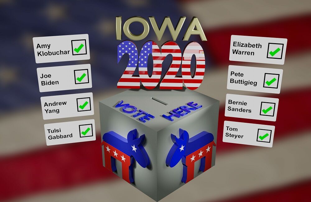 A graphic that says "Iowa 2020" and has a ballot box with a Democratic donkey on it