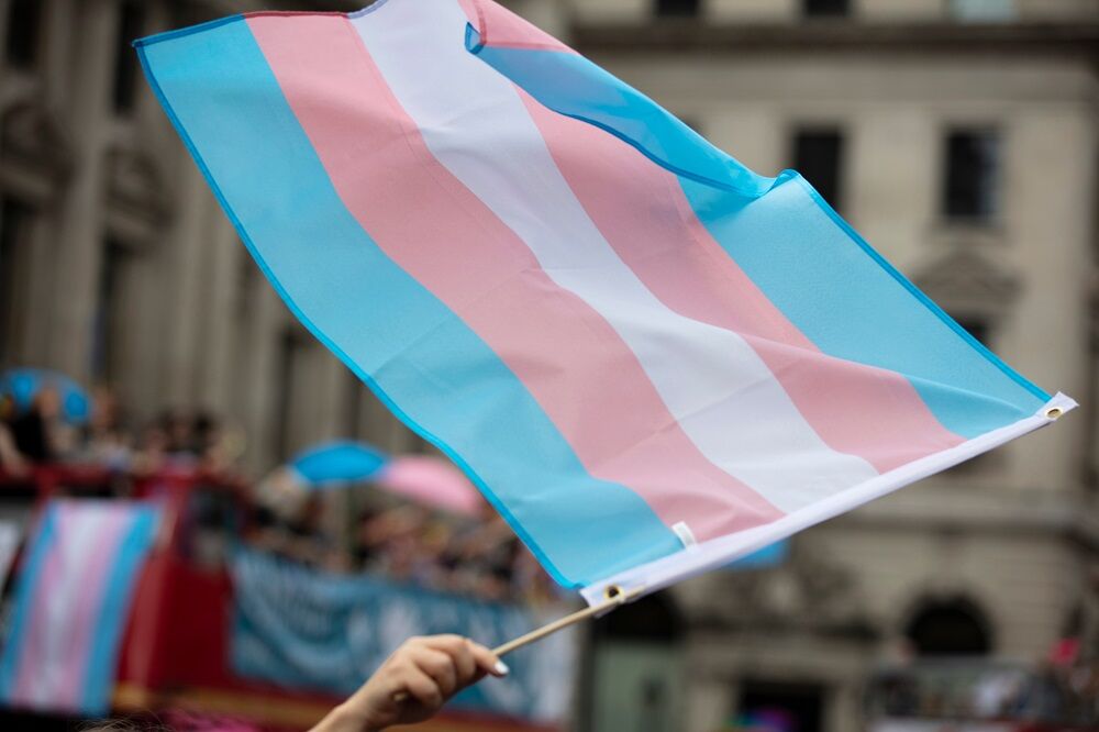Transgender flag being waved in a crowd