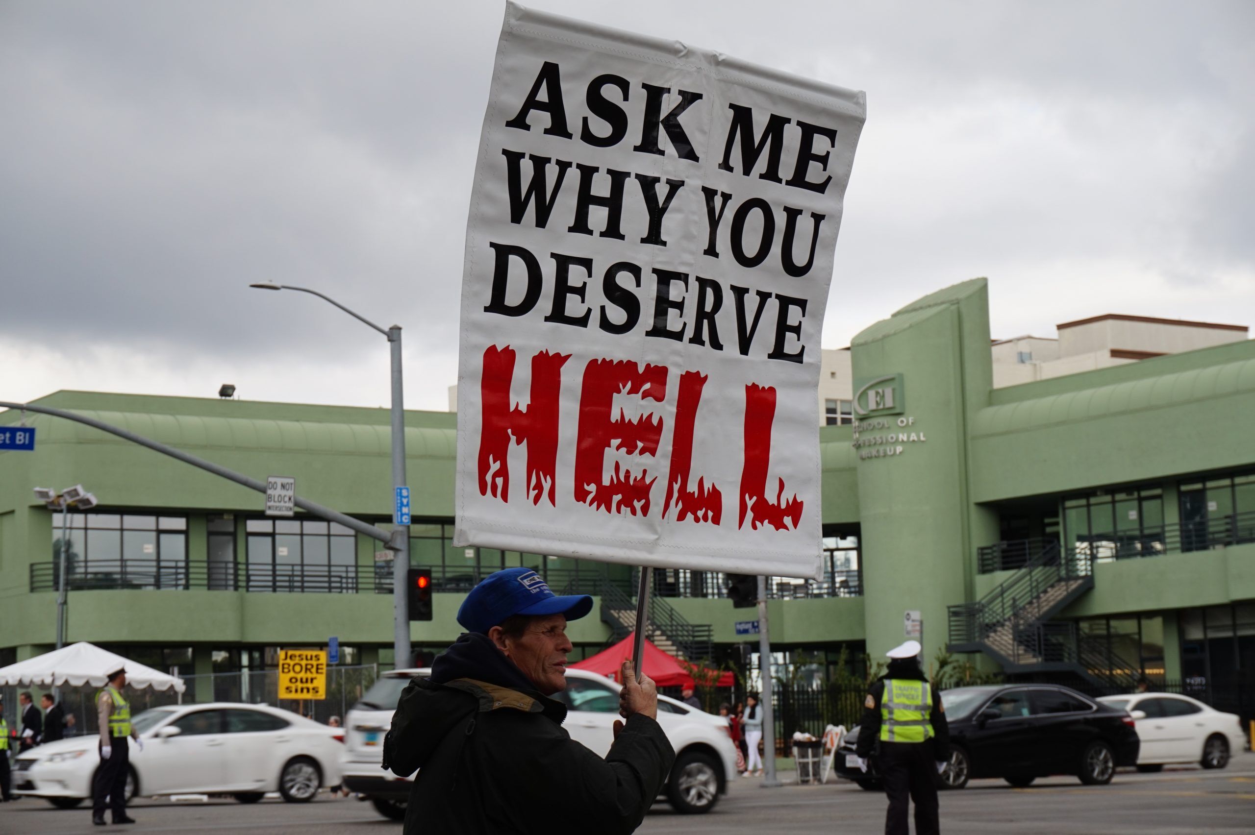 LOS ANGELES, FEB 26TH, 2017: A religious protester promises "hell" to passers-by on the eve of the 89th Academy Award ceremony.