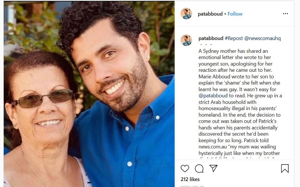 An Instagram post from Patrick Abboud, which has a picture of him with his mother Marie