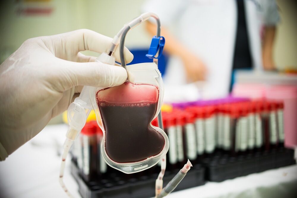 A hand in a latex glove holding a blood sample