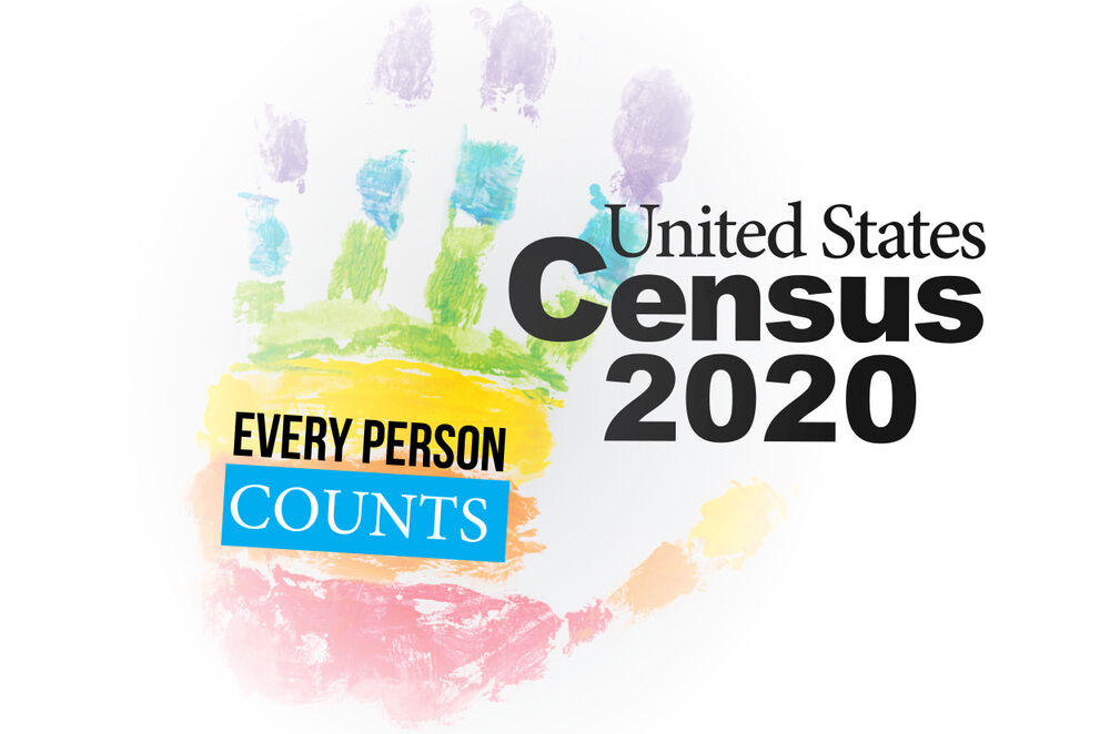 A rainbow handprint with "Every person counts" written on it. A logo about the 2020 Census