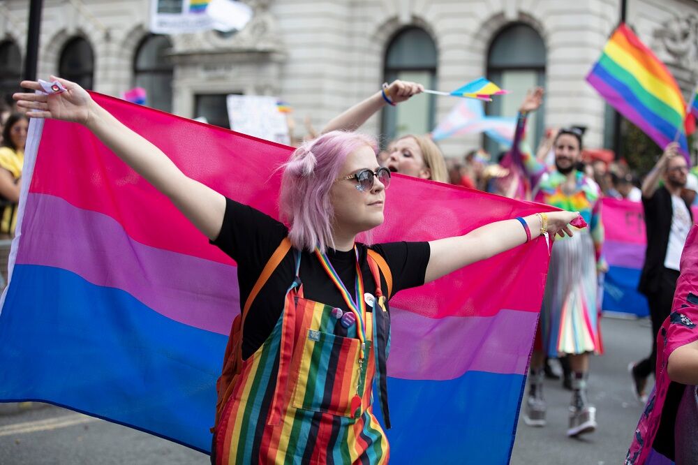 A bisexual flag at Pride in London in 2019.