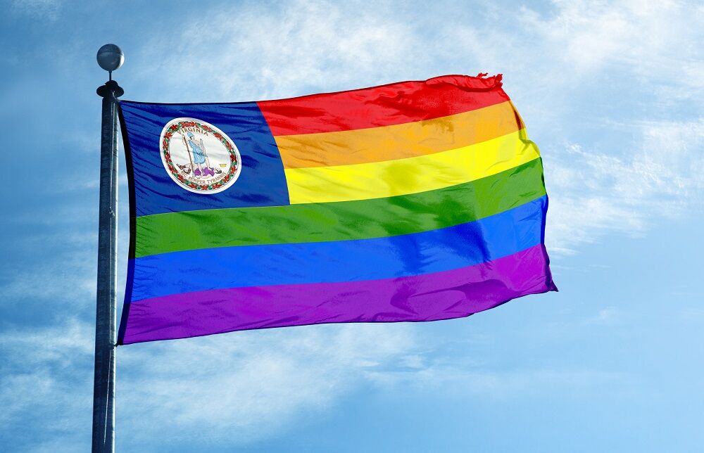 Flag with Virginia state seal and the rainbow colors in stripes
