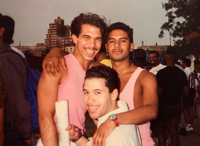 Freddy Pena, Jose Rodriguez and David at the West Side Piers during the Pride Parade, New York City, 1987.