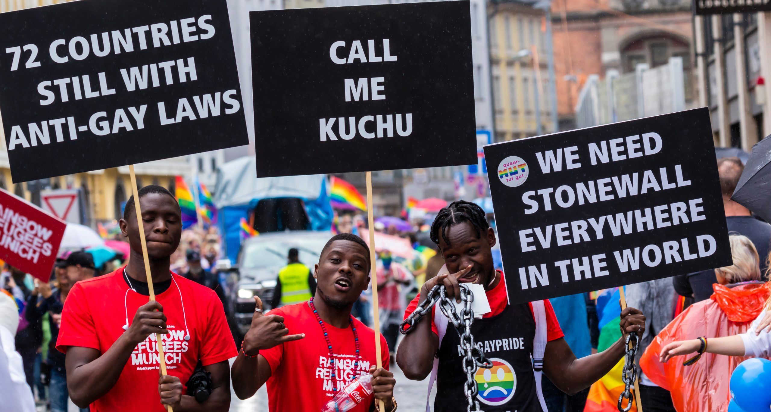 JULY 13, 2019: Munich rainbow refugees attending the Gay Pride parade also known as Christopher Street Day (CSD) in Munich, Germany.