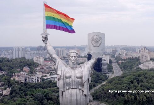 Activists used a drone to hang a Pride flag on Ukraine’s version of the Statue of Liberty