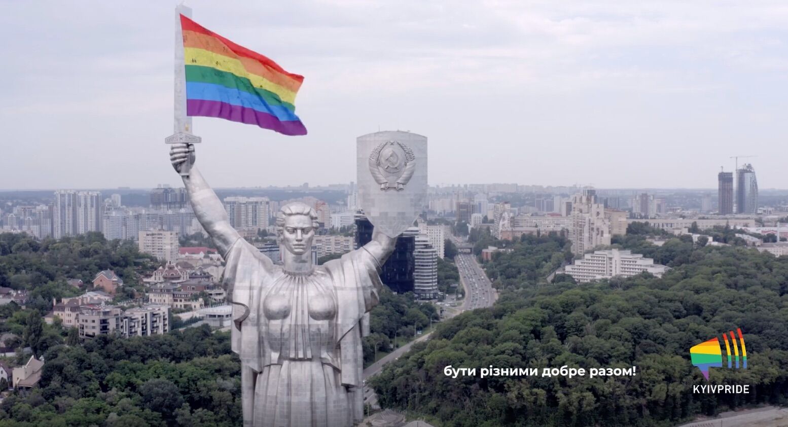 The "Motherland" statue in Kyiv sports a rainbow flag for Pride