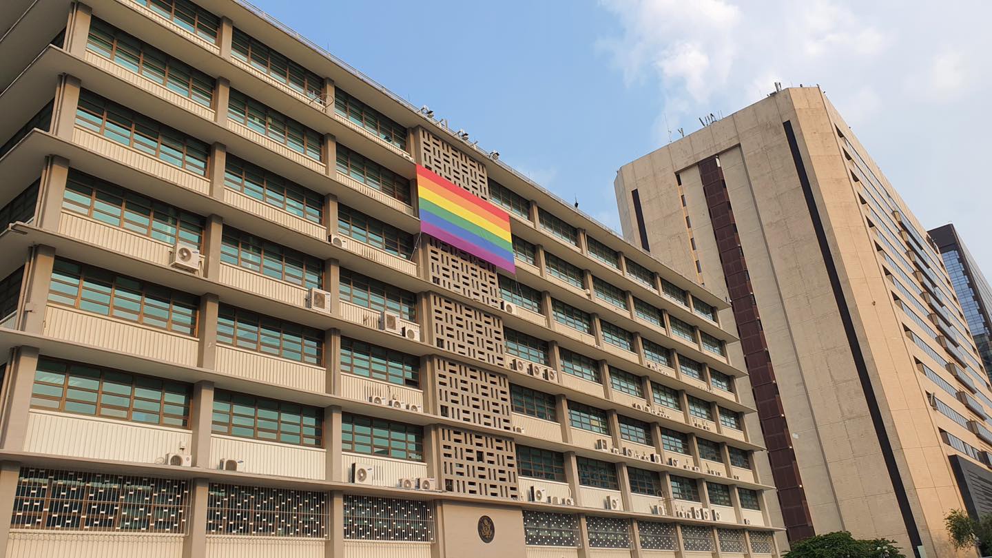 The Chancery at the American embassy in South Korea flies a rainbow flag for Pride month.