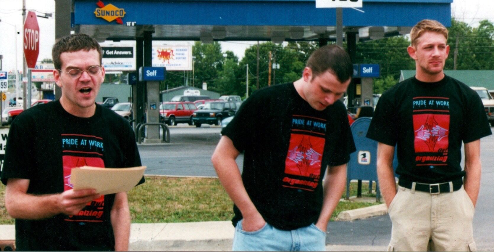Bil Browning, Jerame Davis, and Matt Owen protest in 1999