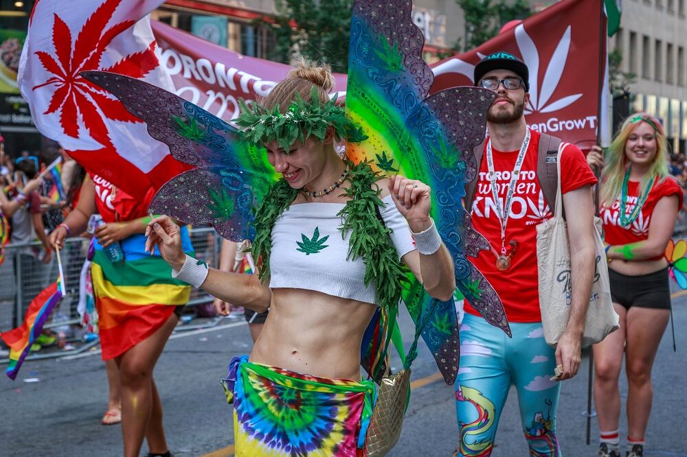 Supporters of cannabis march in Toronto Pride in 2016