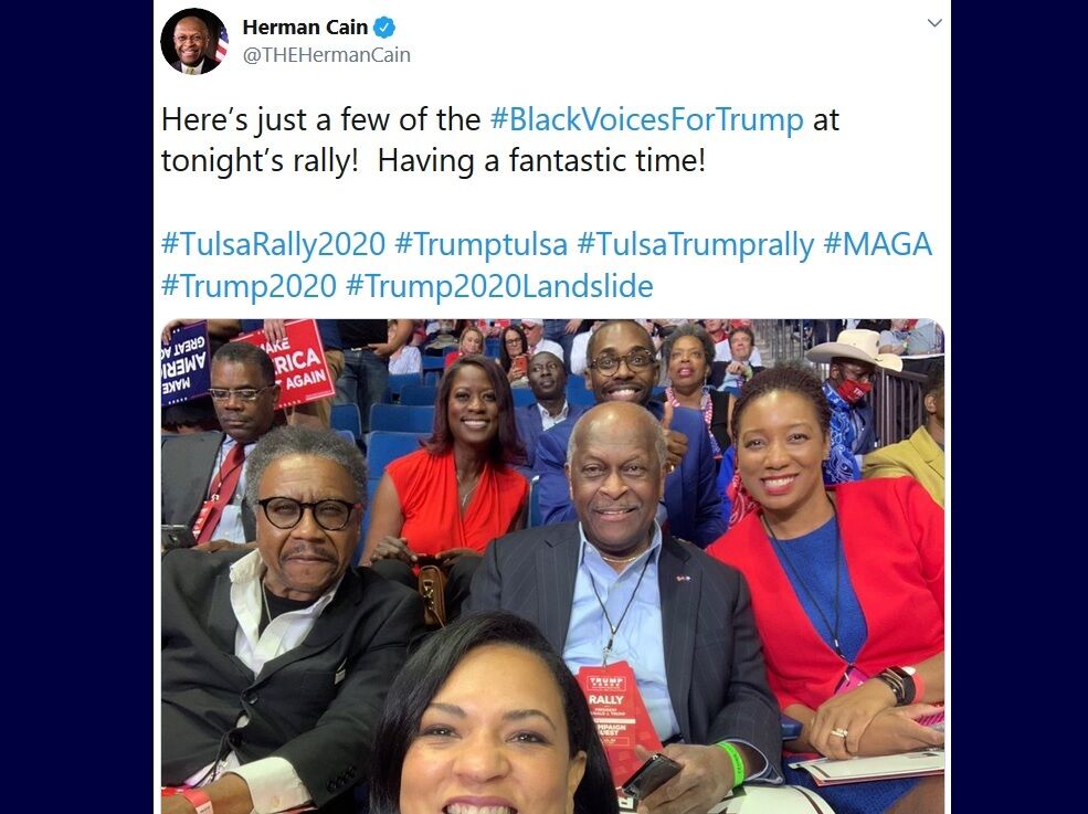 Herman Cain tweeted from a Trump rally on June 21, 2020, without a mask.