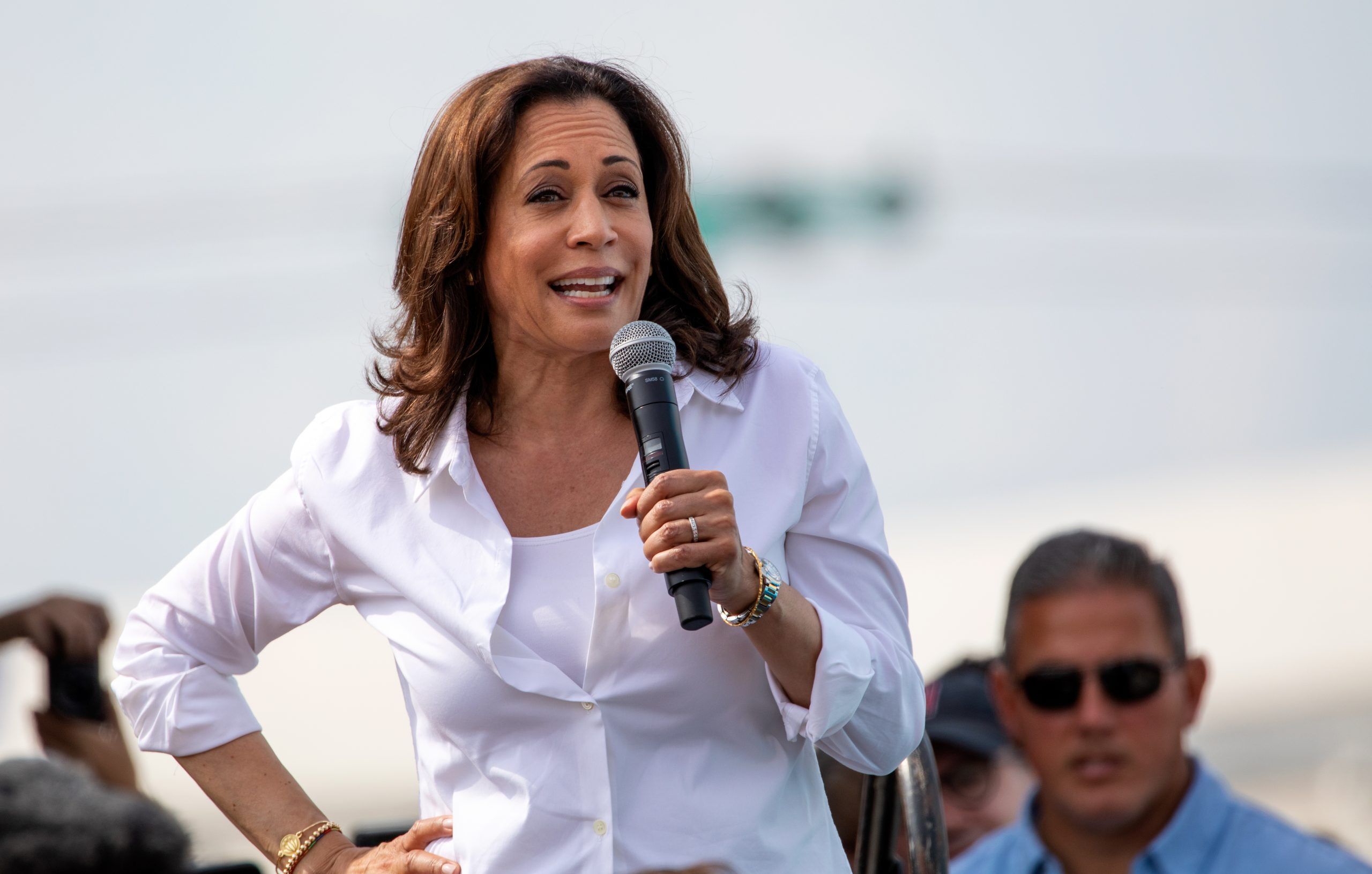 August 10, 2019: United States Senator and Democratic presidential candidate Kamala Harris greets supporters at the Iowa State Fair political soapbox in Des Moines, Iowa.