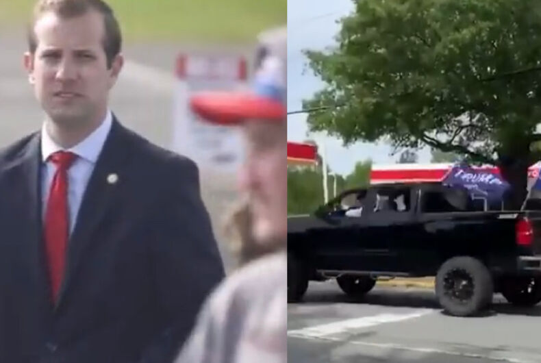 C0352BF9-CBBE-4C4C-AB5B-C2F8CF9500AA Pastor Jesse Hurley, at a Trump rally (left) at ACE Speedway, North Carolina, and driving on Elon University campus after (right)