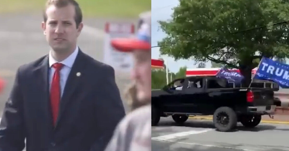 Pastor Jesse Hurley, at a Trump rally (left) at ACE Speedway, North Carolina, and driving on Elon University campus after (right)