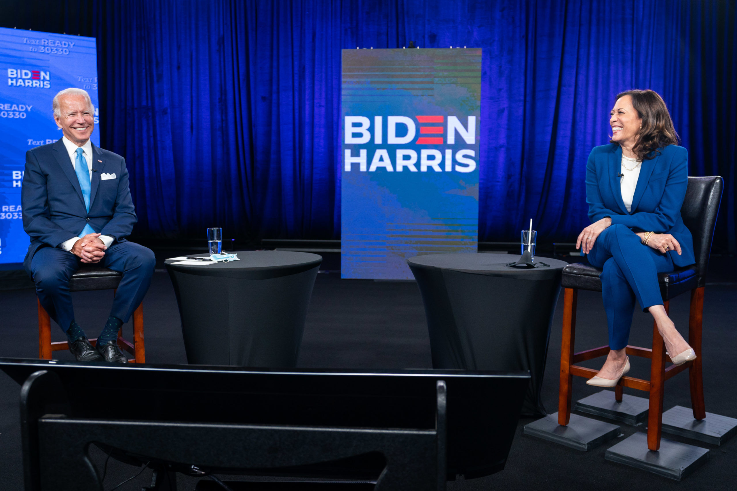 Democratic presidential nominee Joe Biden and vice presidential nominee Kamala Harris speak to supporters