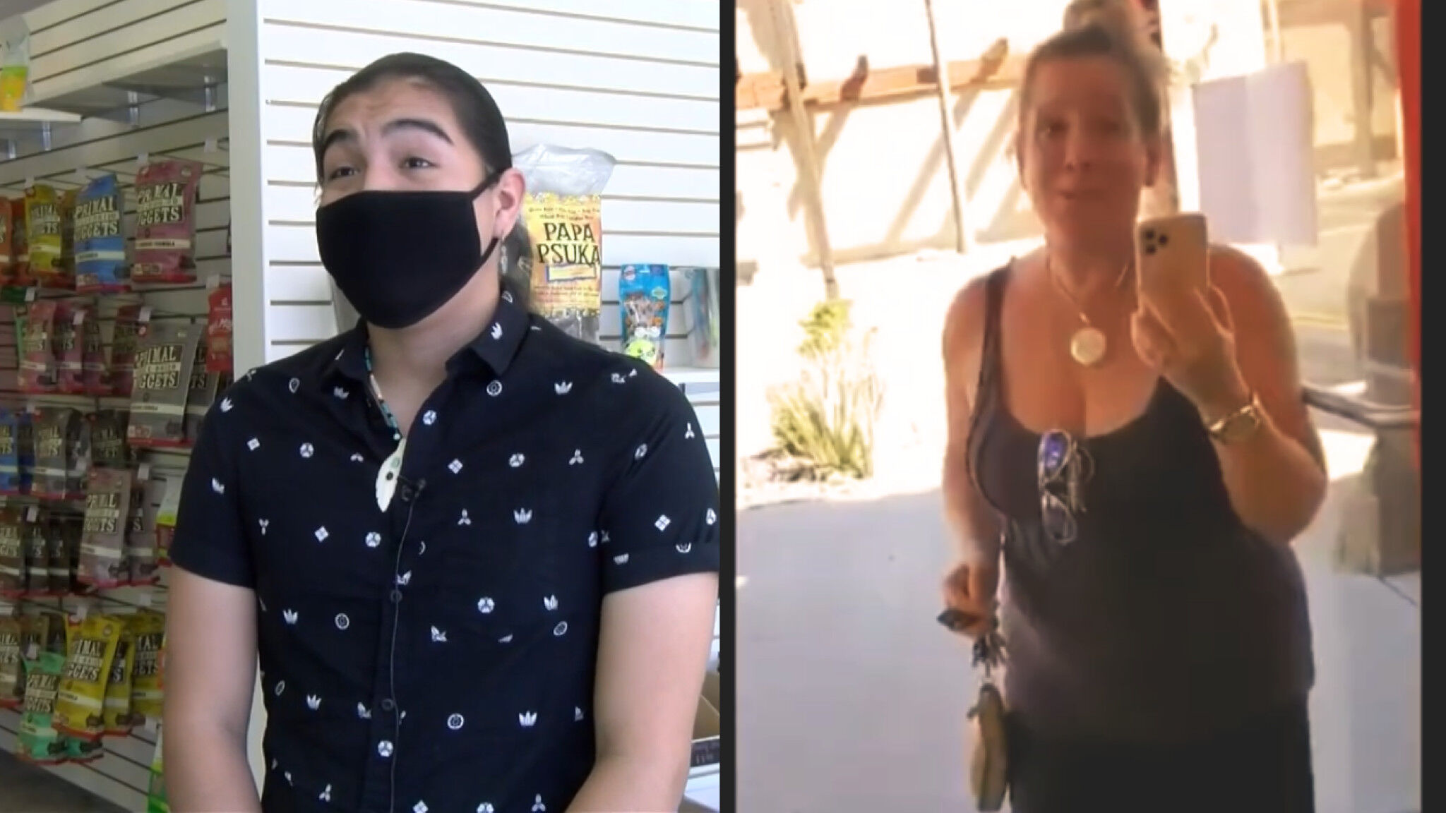 Aidan Bearpaw (left) filmed his viral confrontation with the "Pet Store Karen" (right).