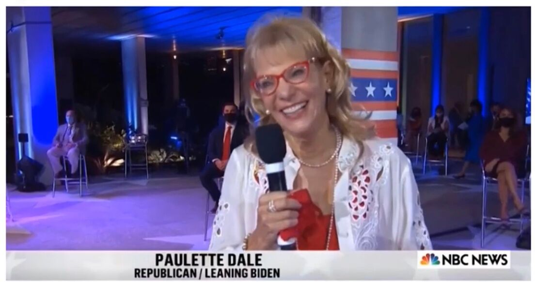 Paulette Dale, retired educator and writer, asking a question of President Donald Trump at his Presidential Town Hall, October 15, 2020