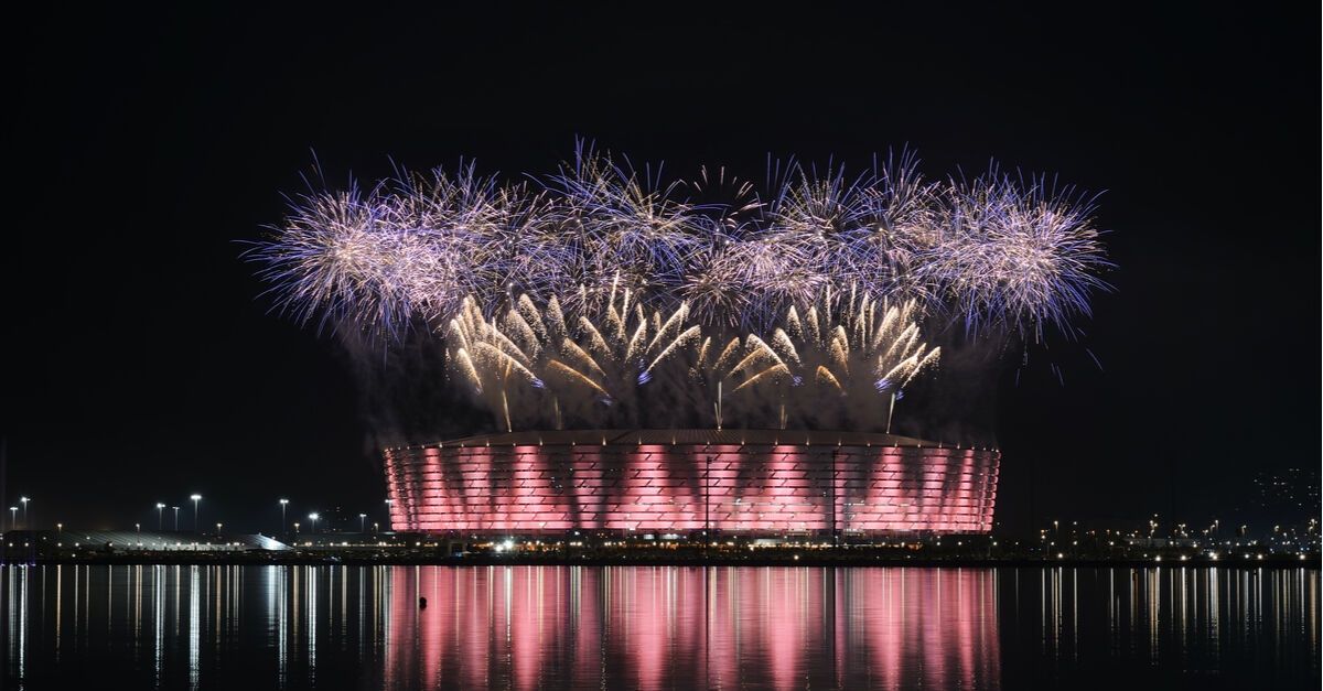 Fireworks explode above the stadium during the Closing Ceremony for the Baku 2015 European Games.